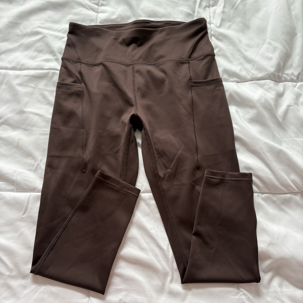 Womens Size Medium Leggings Activewear Running Yoga Brown‎ Pockets Nylon Blend